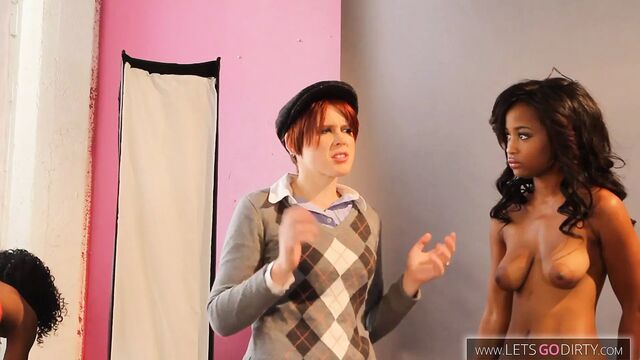 Black and white lesbian 3some at photo shooting