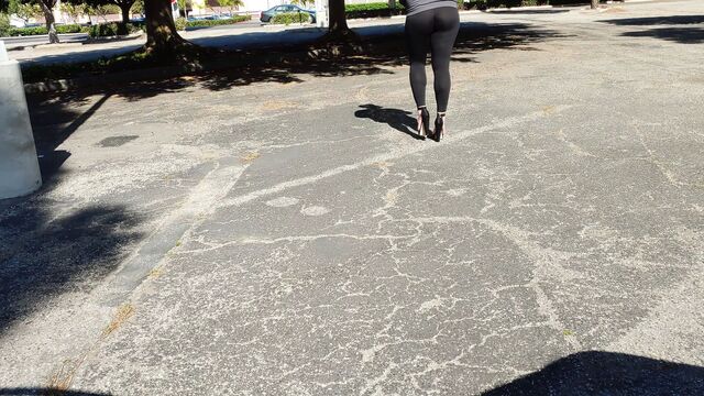 Public parking lot crossdress sexy Leggings and 7 inch heels